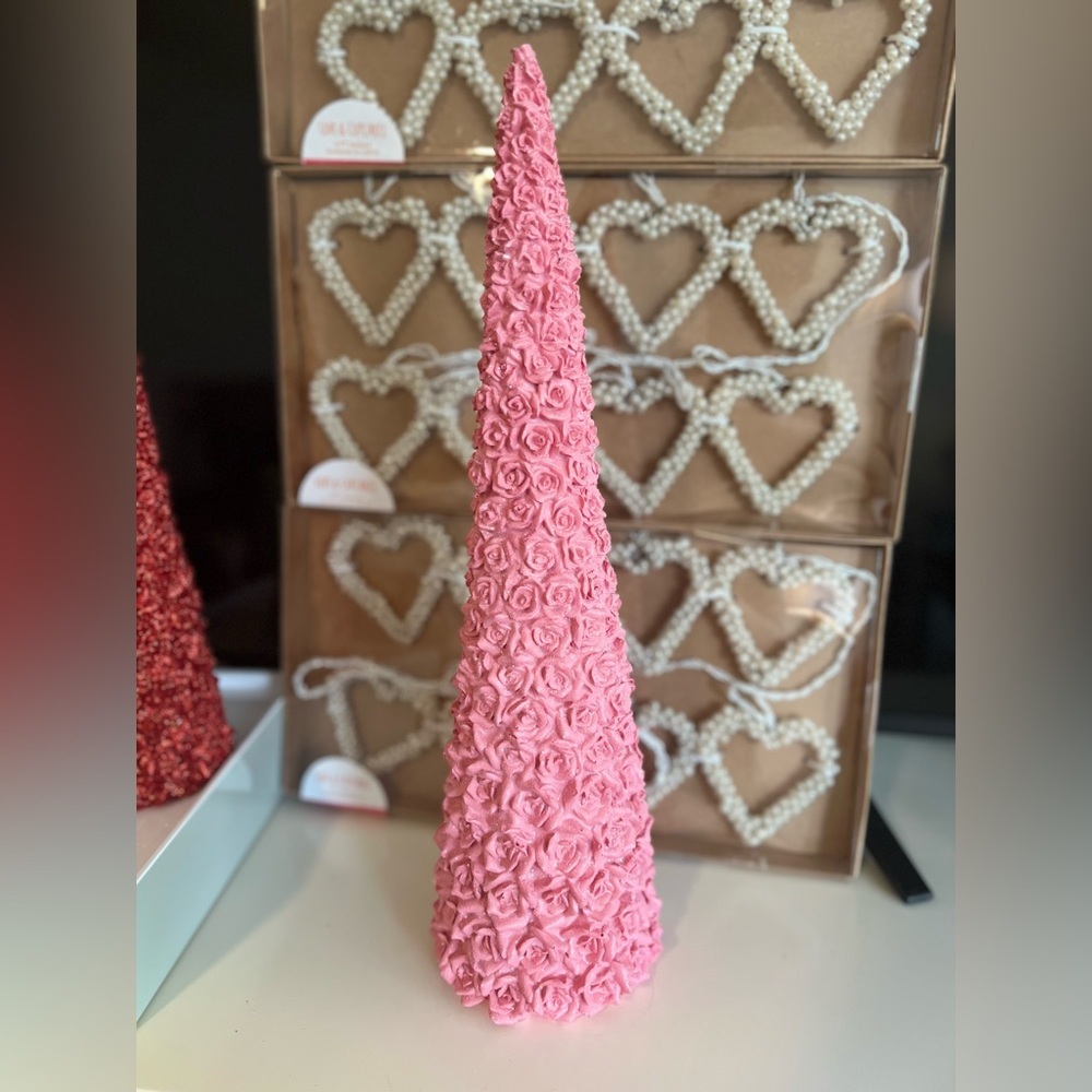 Elegant Pink Rose Cone with Sparkling Finish Romantic Décor 17 1/2 inches tall - Picture 3 of 3